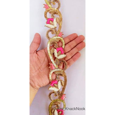 Hand Embroidered Lace Trim, Pink Floral Embroidery, Beaded In Off White Seed Beads & Bugle Beads